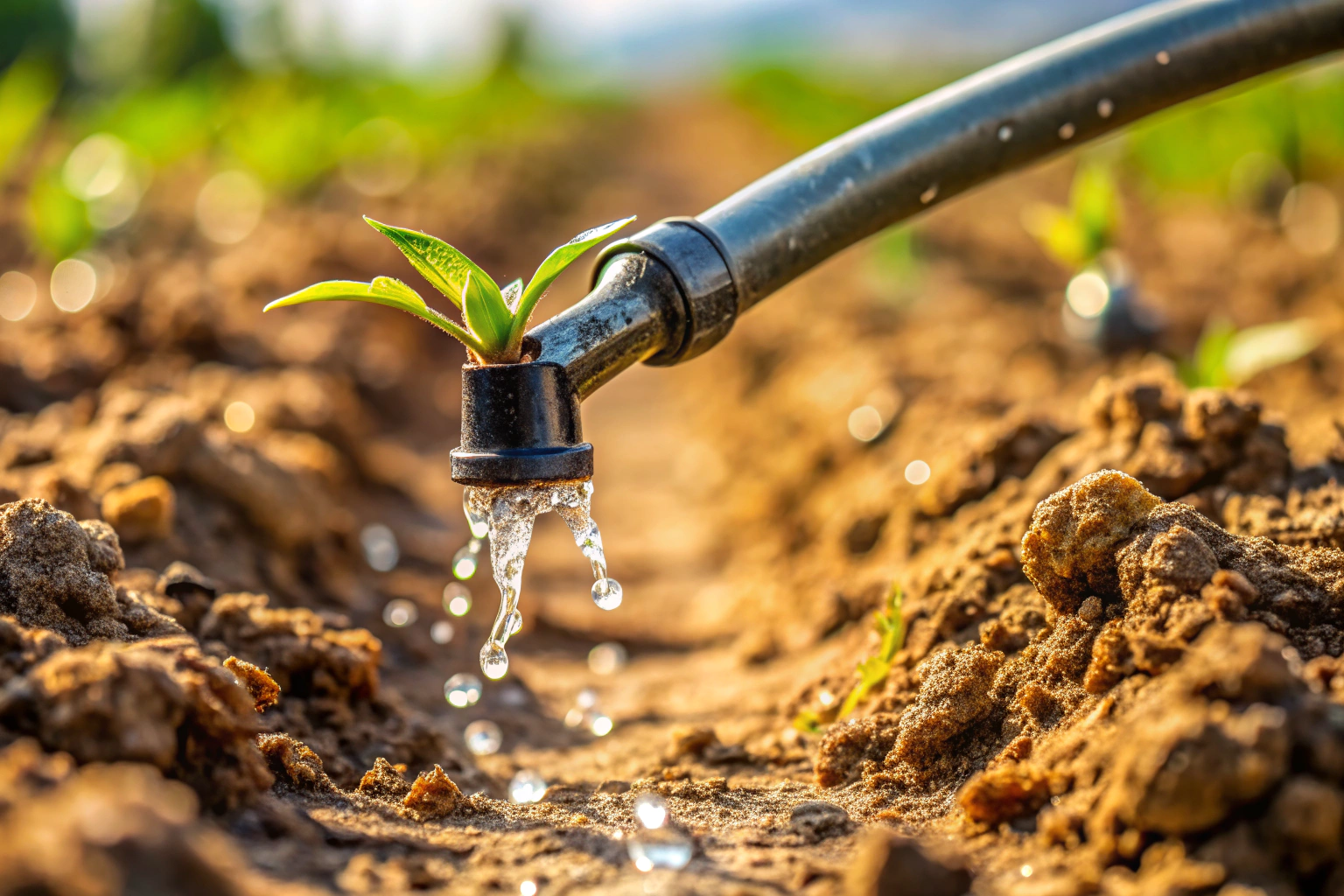 A close-up view of a drip irrigation emitter releasing water droplets onto the soil near plant roots in a sandy, arid field, with no visible branding or text
