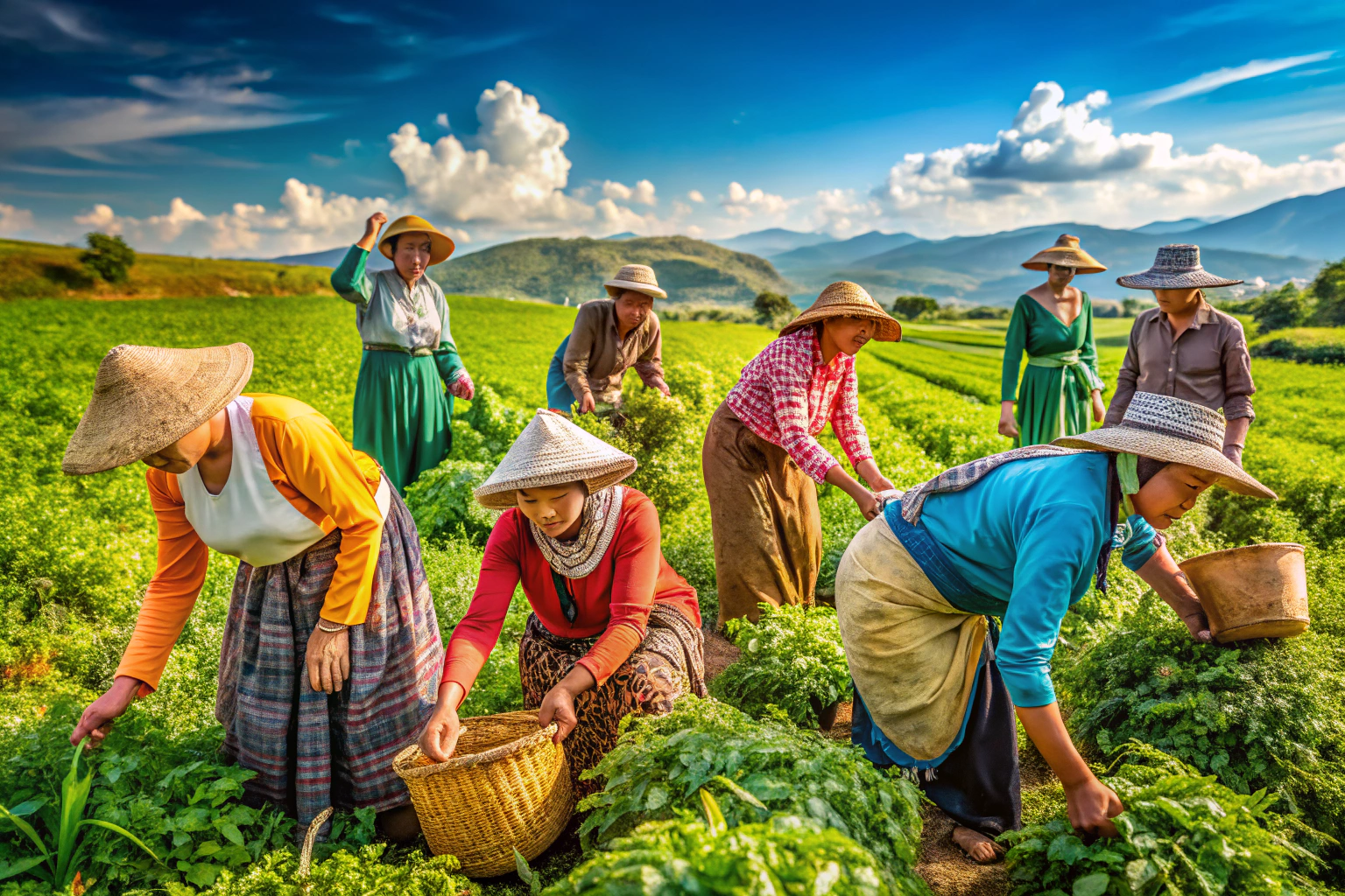 Ein Bild einer blühenden landwirtschaftlichen Kooperative mit Menschen in traditioneller Kleidung, die gemeinsam ernten, umgeben von grünen Feldern unter einem klaren Himmel
