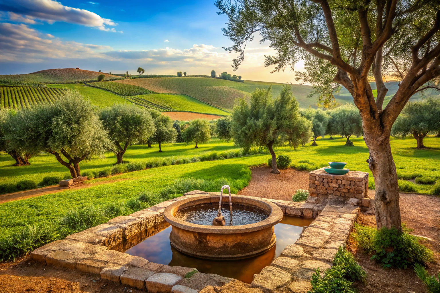 Ein friedliches Bild einer traditionellen arabischen Landwirtschaftsszene mit grünen Feldern, Olivenbäumen und einem unmarkierten Steinbrunnen, der Gastfreundschaft und Verbindung symbolisiert, ohne Wörter oder Symbole