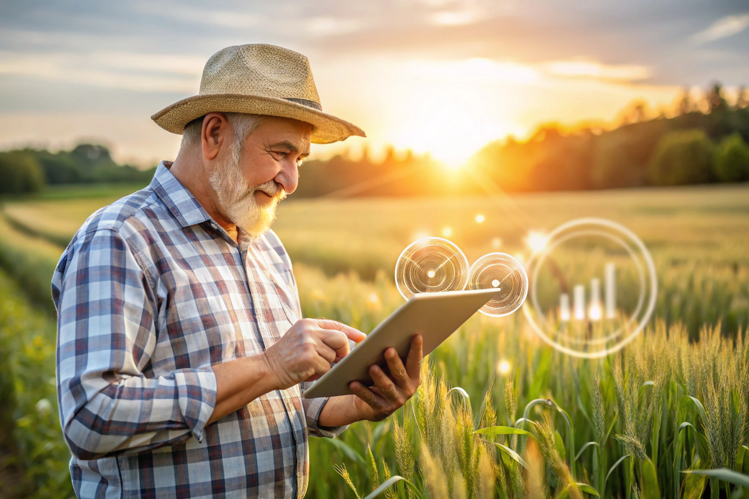 Eine abstrakte Darstellung eines Bauern, der auf einem Tablet landwirtschaftliche Daten überprüft, umgeben von Symbolen für Wachstum und Tradition, ohne erkennbare Markierungen