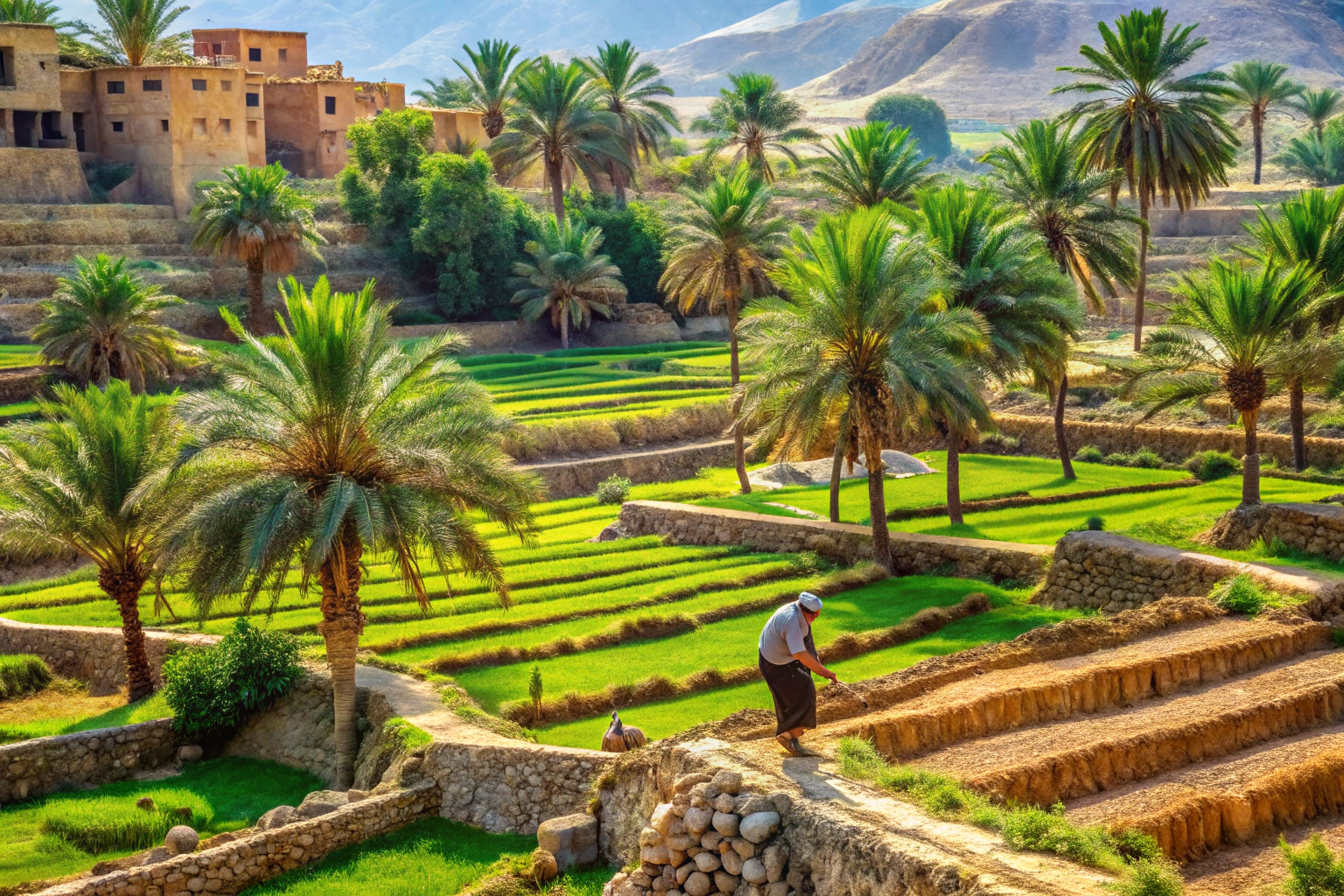 Eine idyllische Szene einer traditionellen arabischen Landwirtschaft mit terrassierten Feldern, Palmen und einem Bauern bei der Arbeit, umgeben von einer Gemeinschaft, die zusammenarbeitet, ohne erkennbare Symbole oder Text