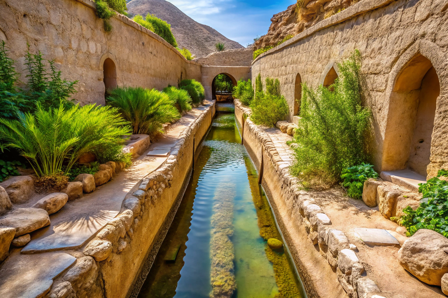 A detailed view of an ancient underground irrigation channel, known as a qanat, with water flowing gently through it, surrounded by arid soil and a few green plants, showcasing traditional engineering without any modern elements