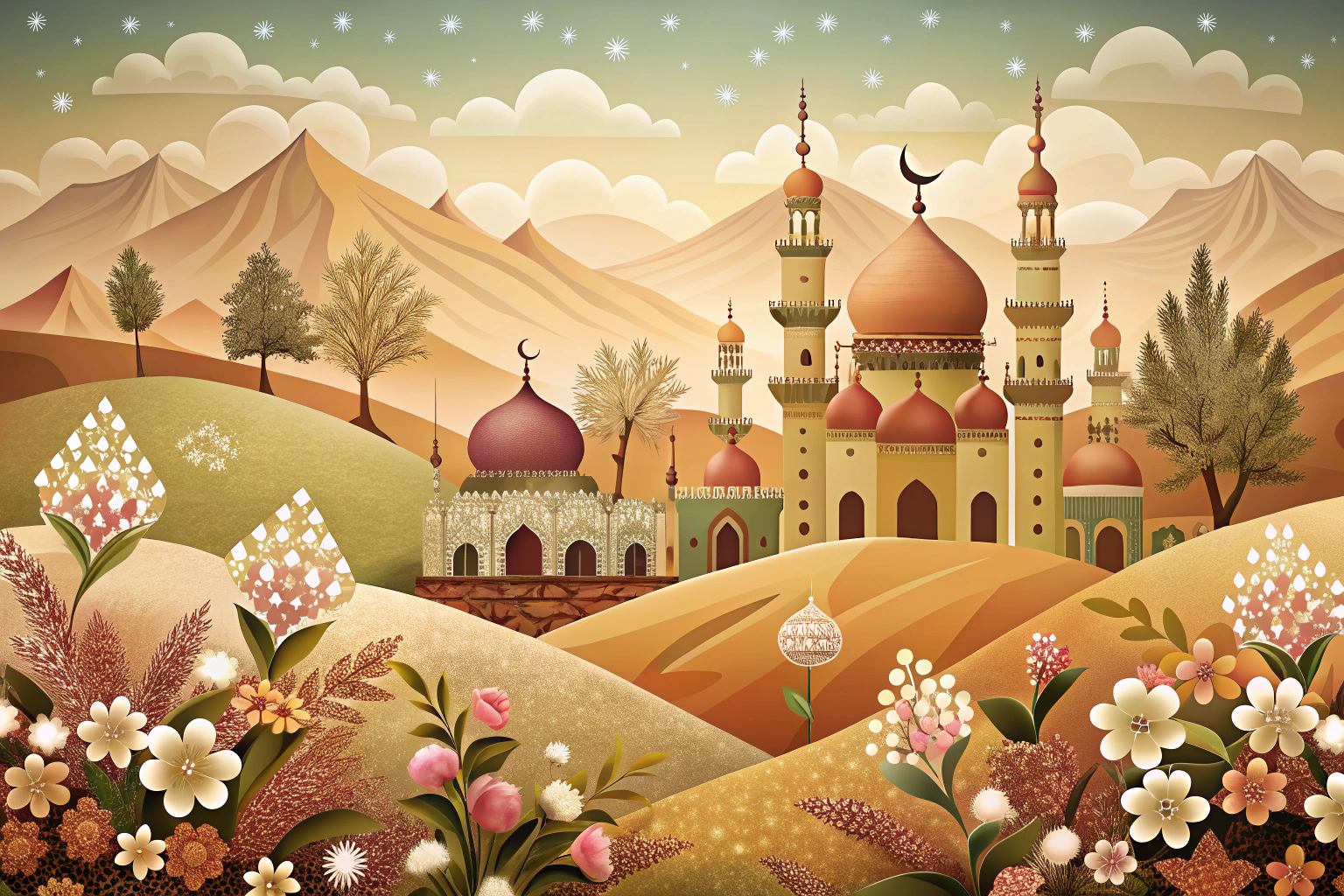 Eine abstrakte Darstellung einer blühenden Landschaft mit sanften Hügeln und dekorativen Elementen, die an islamische Kunst erinnern, in erdigen Farbtönen, ohne erkennbare Symbole oder Text